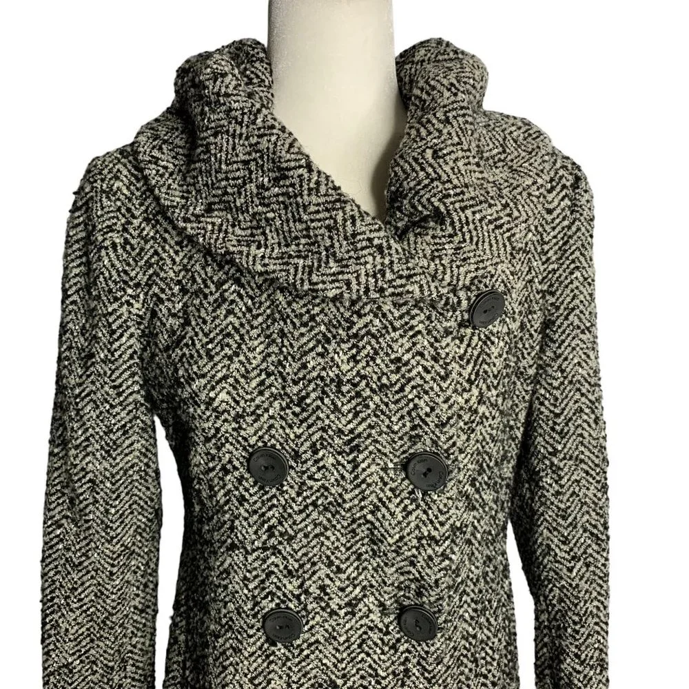 Calvin Klein Tweed Wool Blend Coat 2 Black Grey Herringbone Pockets Tie Belt - Picture 2 of 7